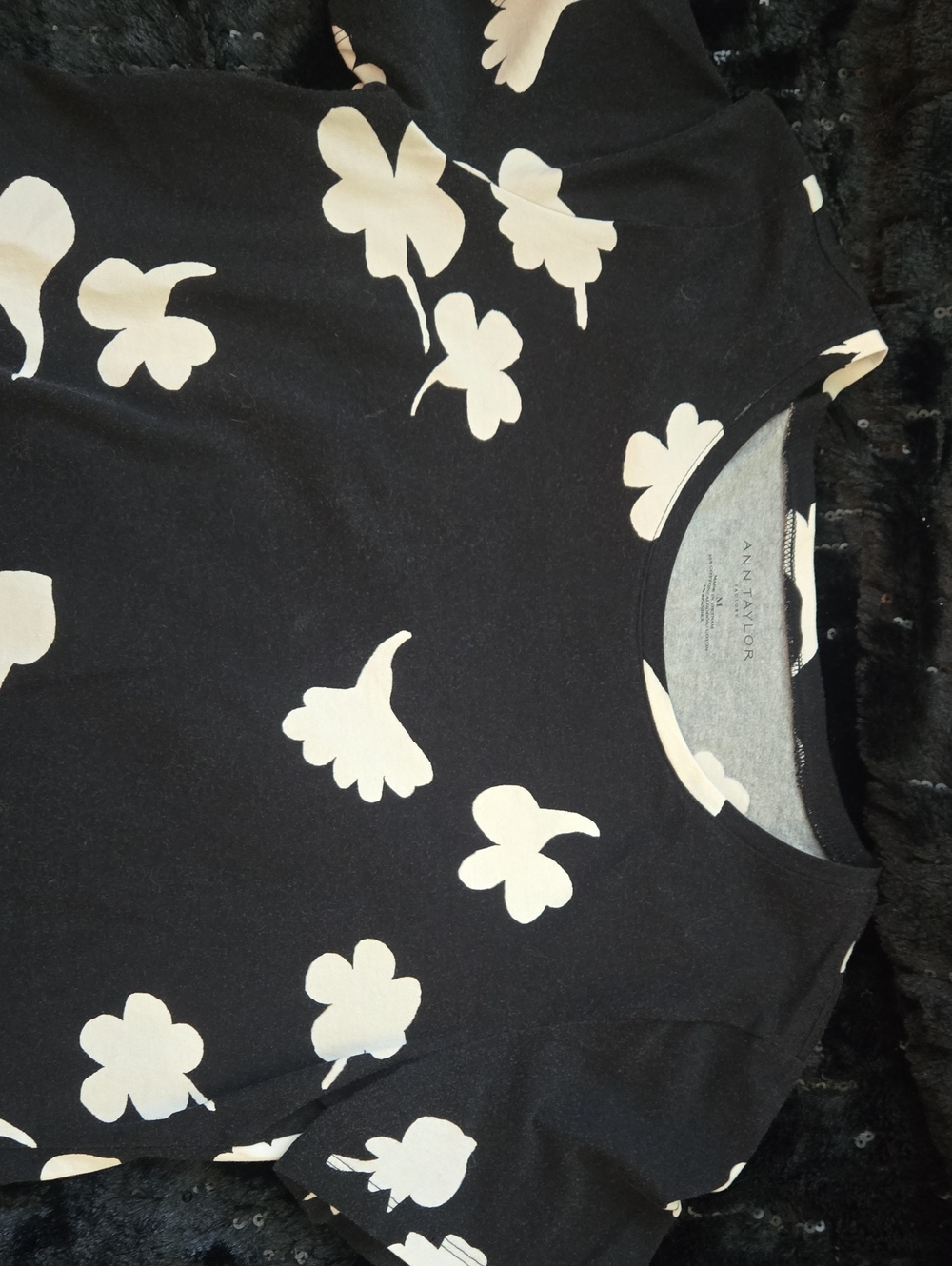 Ann Taylor Black Top with Cream Floral Print